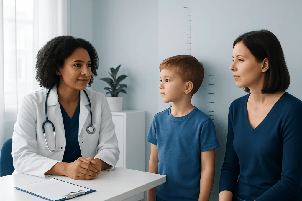 Child undergoing medical evaluation at a hospital with doctor and mother present.