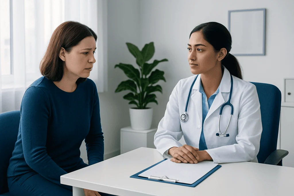 Doctor consulting a patient about bleeding gums in a medical office.
