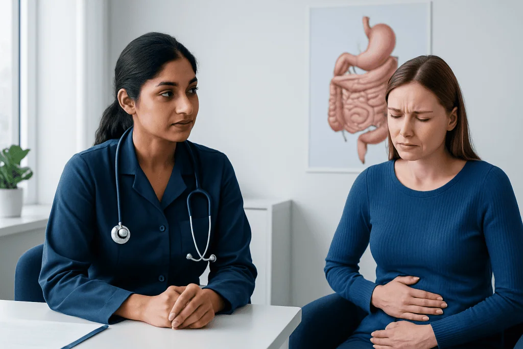 Doctor consulting a patient with stomach pain in a medical office.
