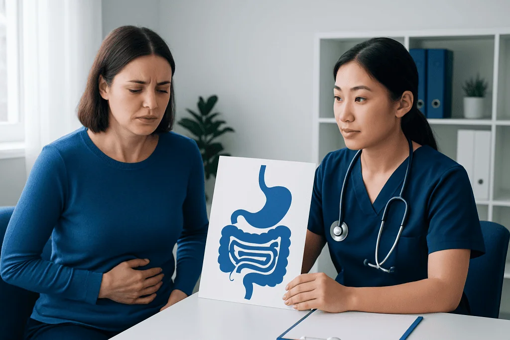 Doctor explaining gastrointestinal issues to patient with stomach diagram.