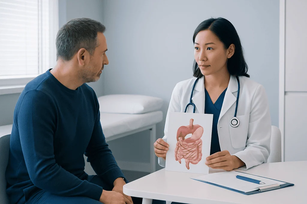 Doctor explaining digestive system to patient in a consultation room.