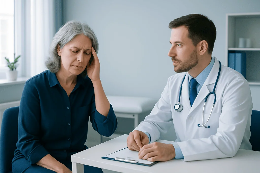 Doctor consulting with an elderly woman experiencing dizziness or vertigo.