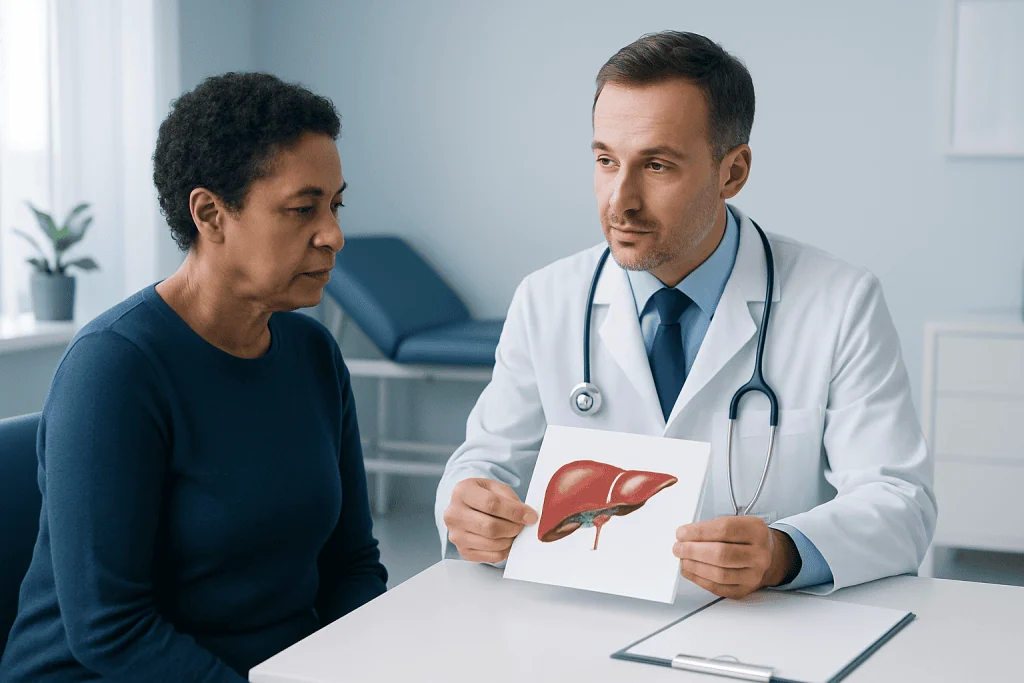 Doctor explaining liver health to a patient in a medical consultation room.