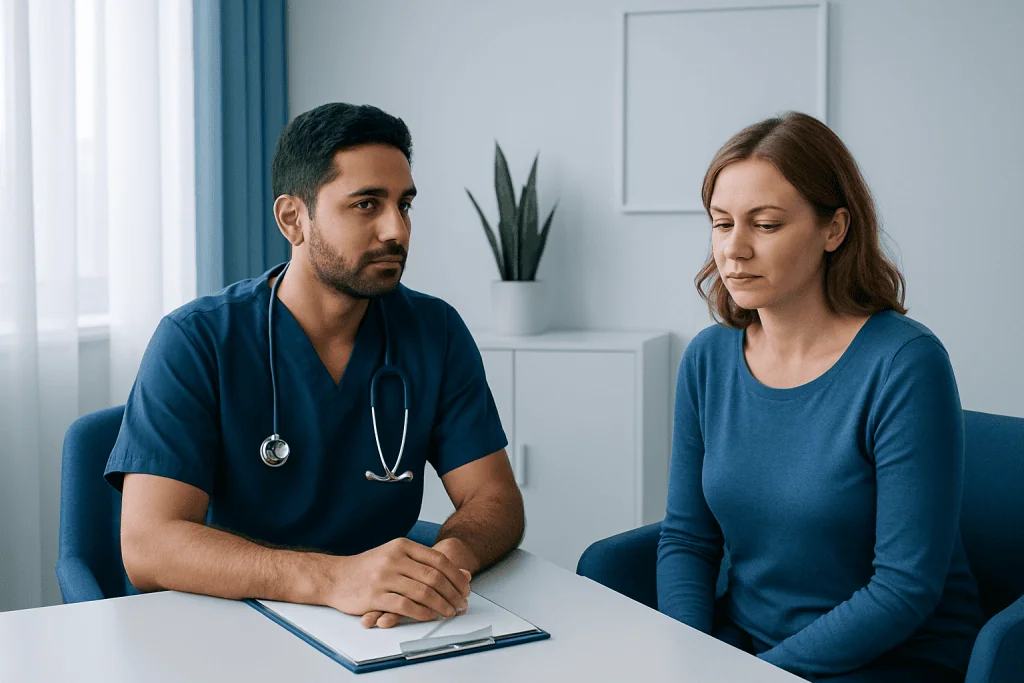 Doctor consulting with a woman patient in a medical office.