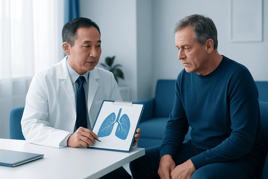 Doctor explaining lung health to a patient with a lung diagram.