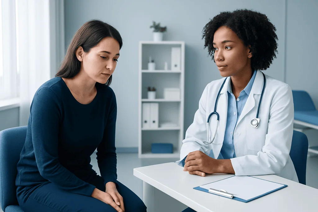 Doctor consulting with a patient about gynecological health in a clinical setting.