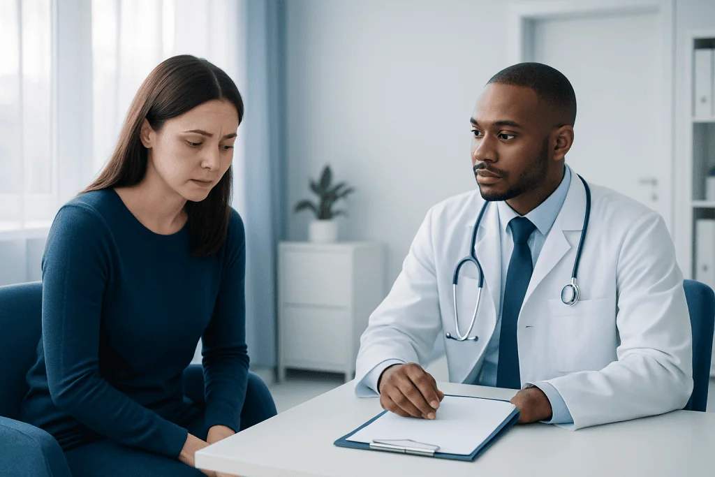 Doctor consulting with a woman about health concerns in a medical office.