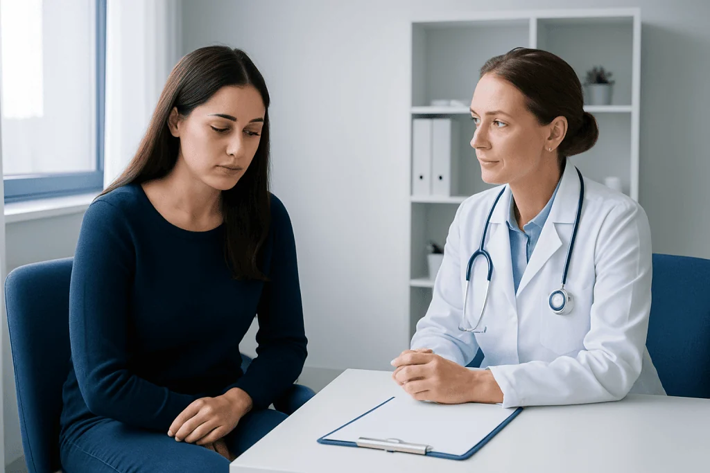 Doctor consulting with a young woman about irregular periods in a clinic setting.