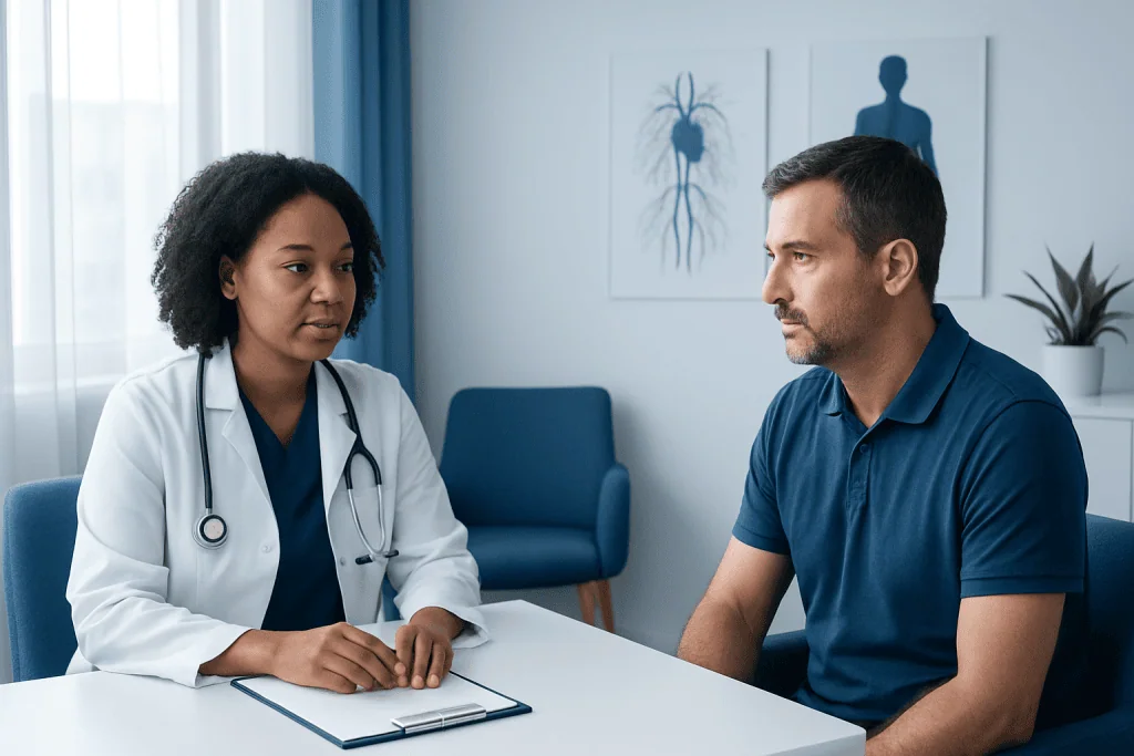 Doctor consulting with a male patient in a medical office setting.