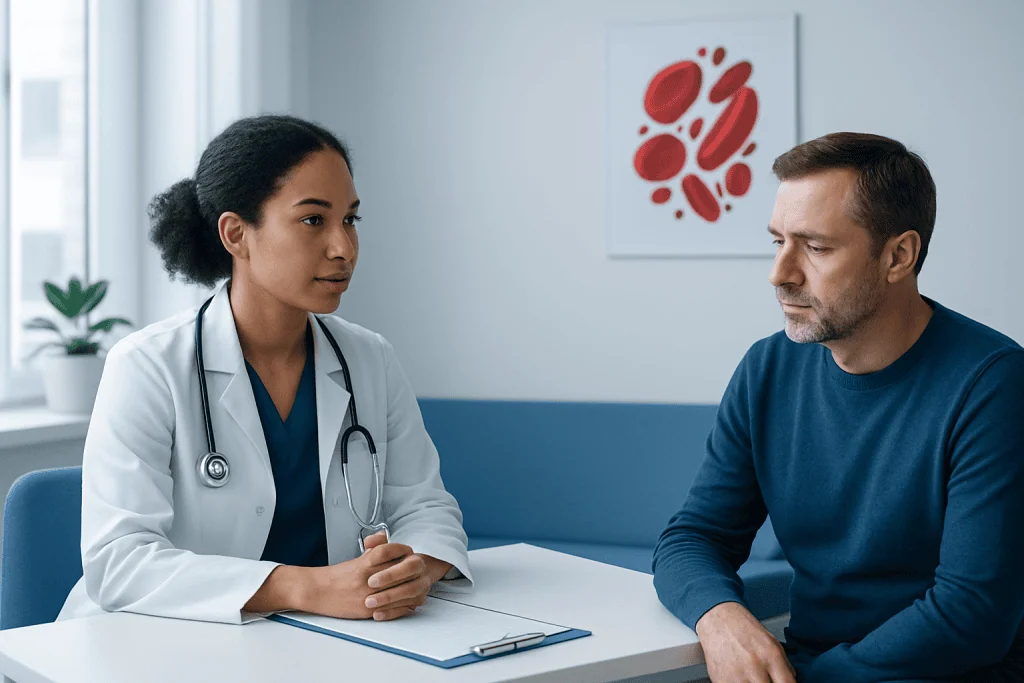 Doctor consulting patient about blood health in a modern clinic.
