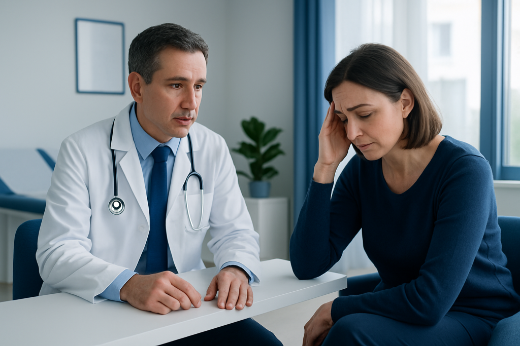 Doctor consulting with a woman patient in a medical office.