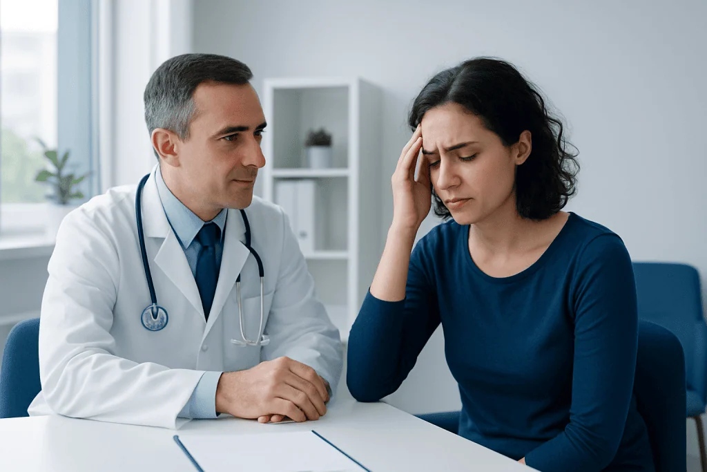 Doctor consulting with a woman experiencing headache in a medical office.