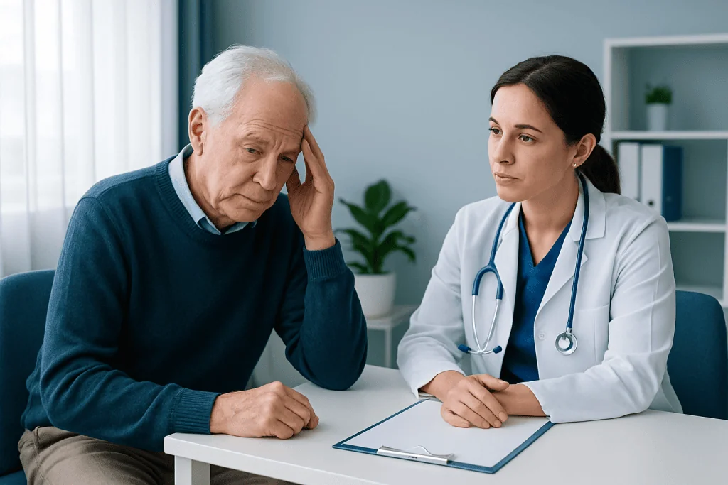 Older man consulting with a doctor about memory issues in a clinical setting.