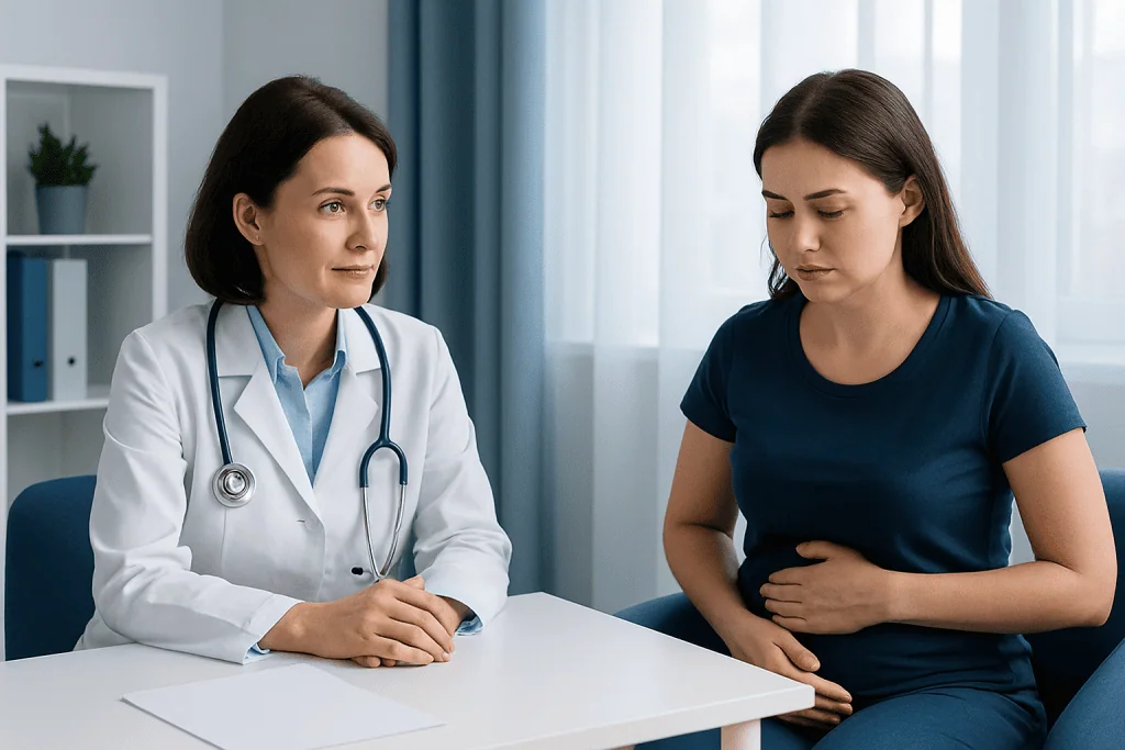 Doctor consulting with a young woman patient in a medical office.