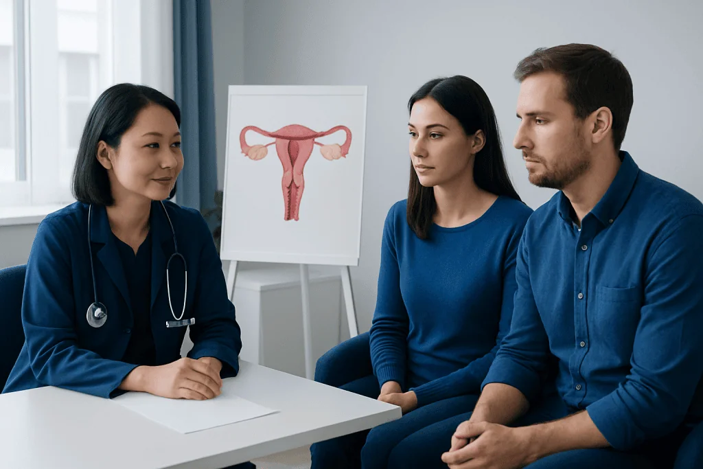 Doctor explaining tubal infertility to a couple in a consultation room.