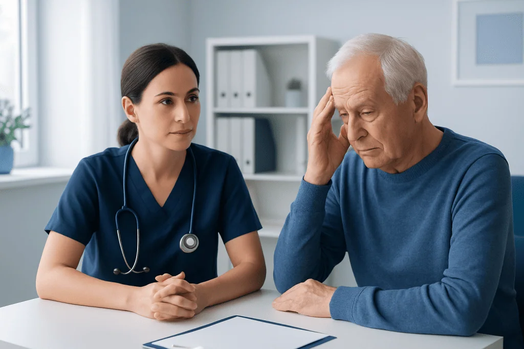 Nurse consulting with an elderly patient about memory issues in a clinical setting.