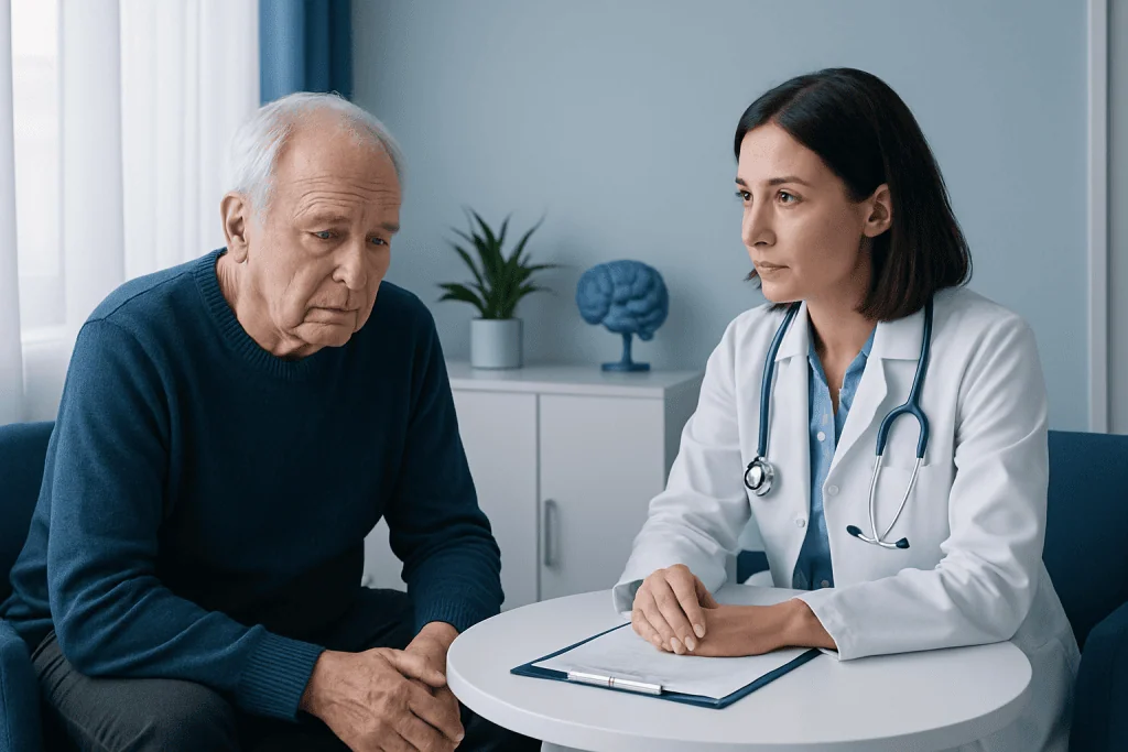 Doctor consulting with elderly patient about cognitive health in a clinical setting.