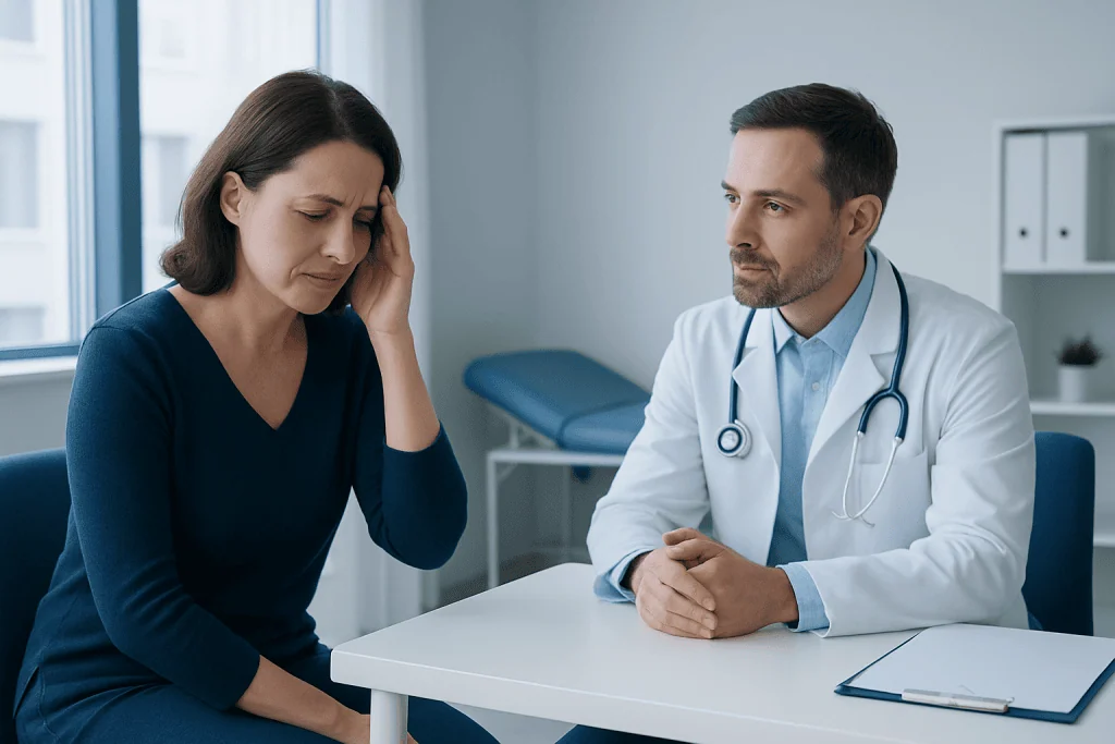 Doctor consulting with woman experiencing headache at clinic.