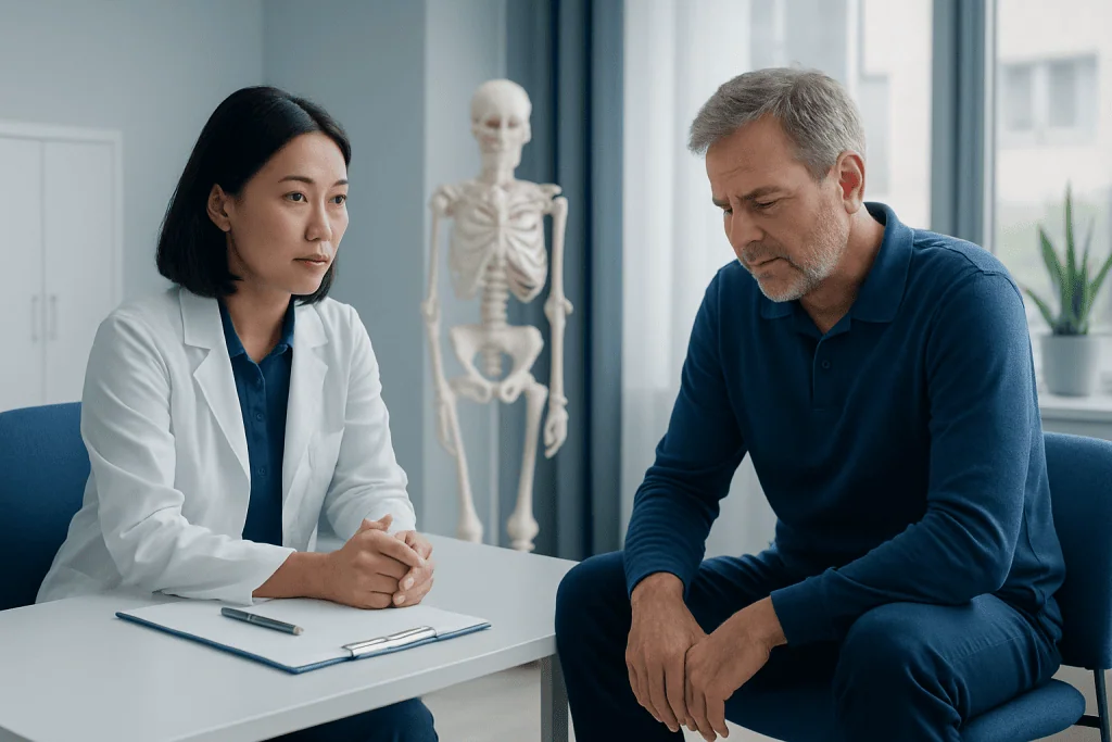Doctor consulting with a patient about bone and joint pain in a medical office.