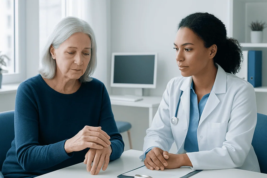 Doctor examining elderly woman's swollen hand in a medical consultation.