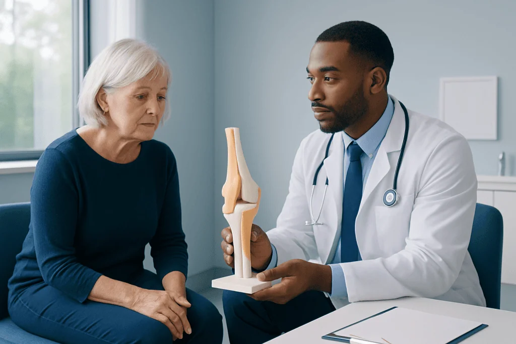 Doctor explaining knee joint model to elderly woman in consultation room.