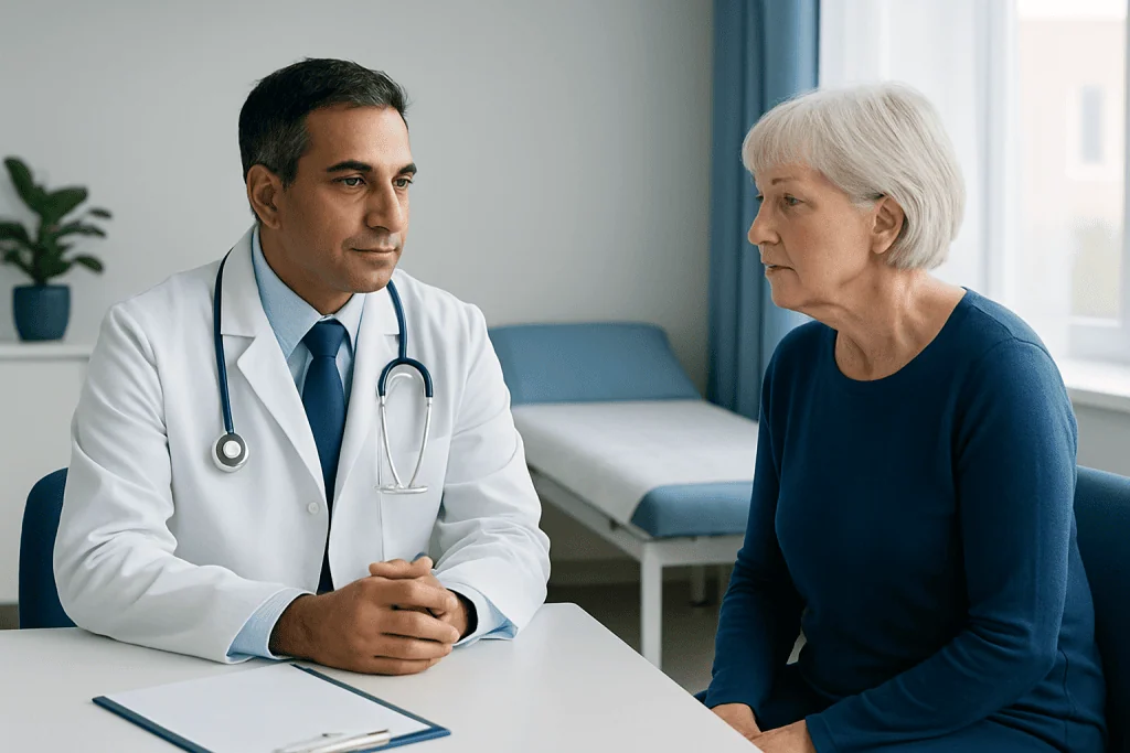 Doctor consulting with elderly woman in a medical office.