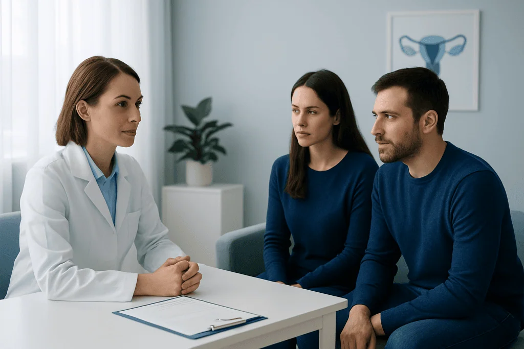 Fertility consultation with a doctor and couple in a clinic setting.