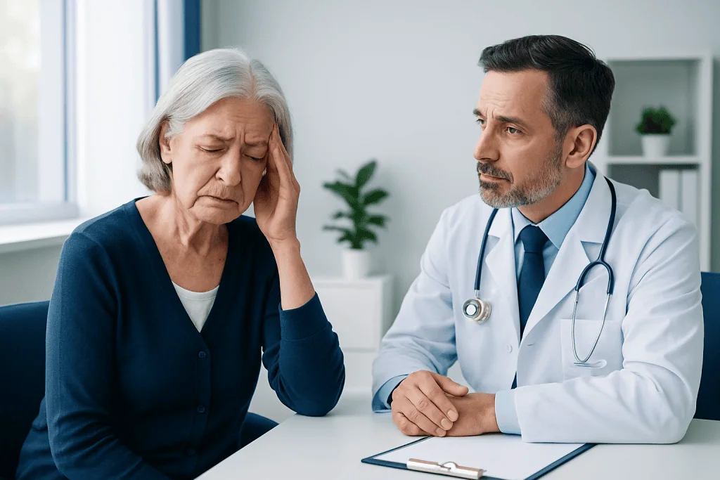 Older woman experiencing headache during a medical consultation with a doctor.