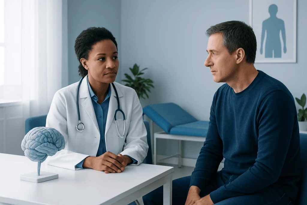 Doctor discussing brain health with patient in a medical office.