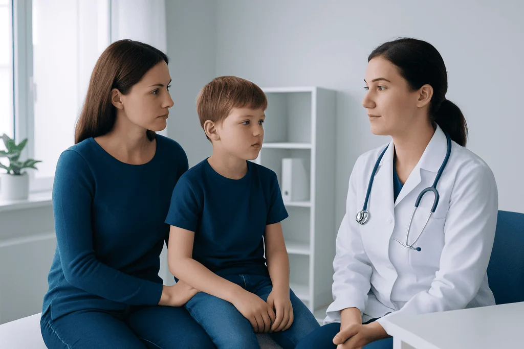 Doctor consulting with mother and son about swollen lymph nodes in children.