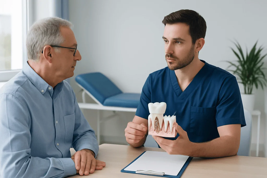 Dentist explaining dental implant model to patient in clinic.