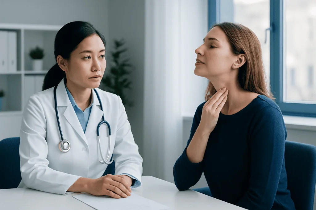 Doctor examining a patient with throat discomfort in a clinical setting.