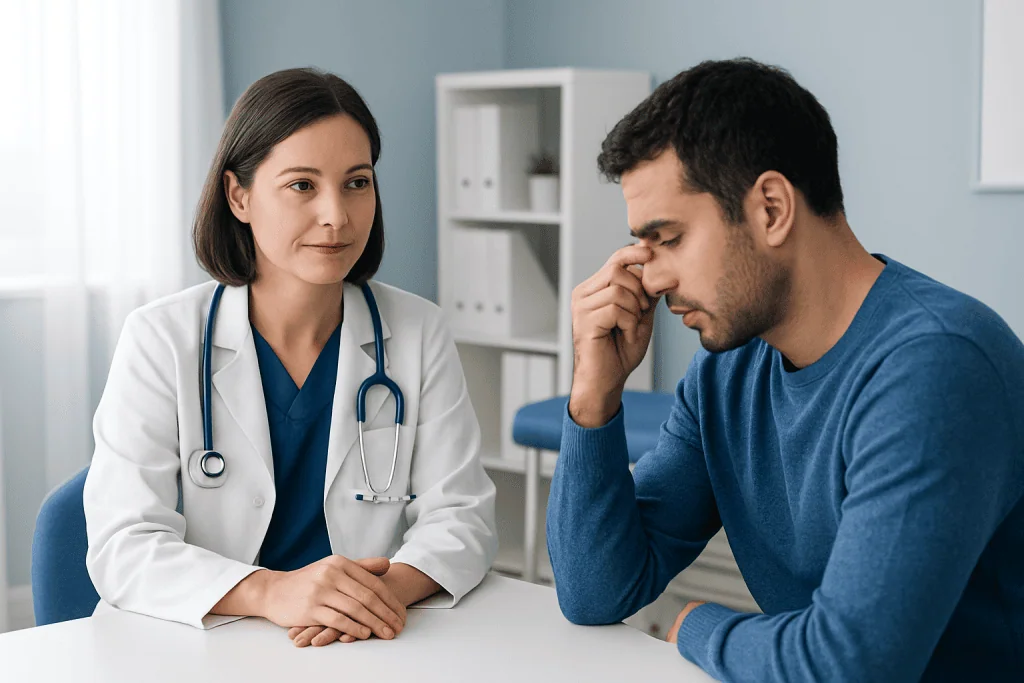 Doctor consulting with a patient about nosebleeds in a medical office.