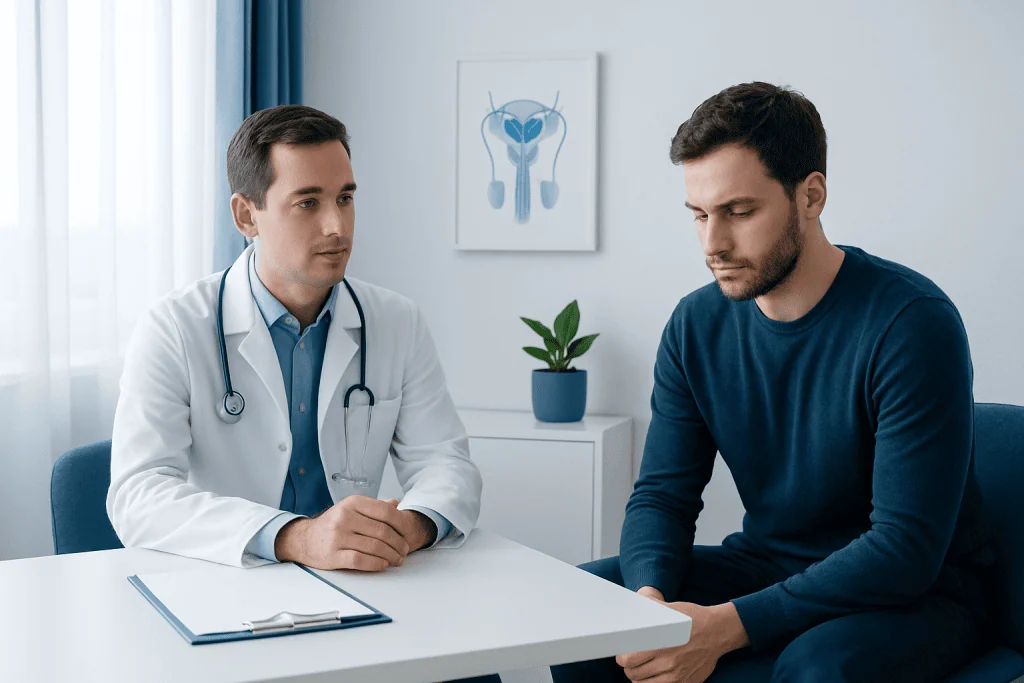 Urologist consulting male patient about infertility treatment options.