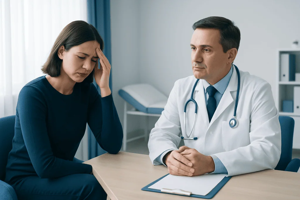Doctor consulting with a woman patient about headache symptoms in a clinic.