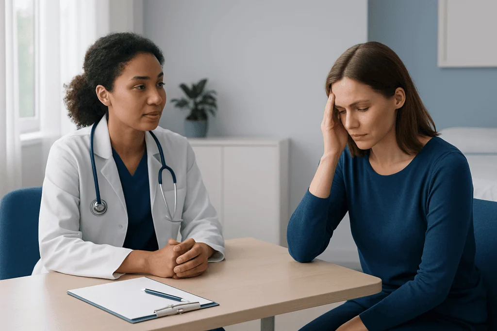 Doctor consulting with a woman patient about medication side effects.