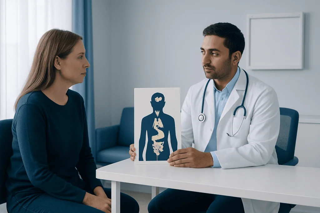 Doctor explaining endocrine health to patient with digestive system diagram.