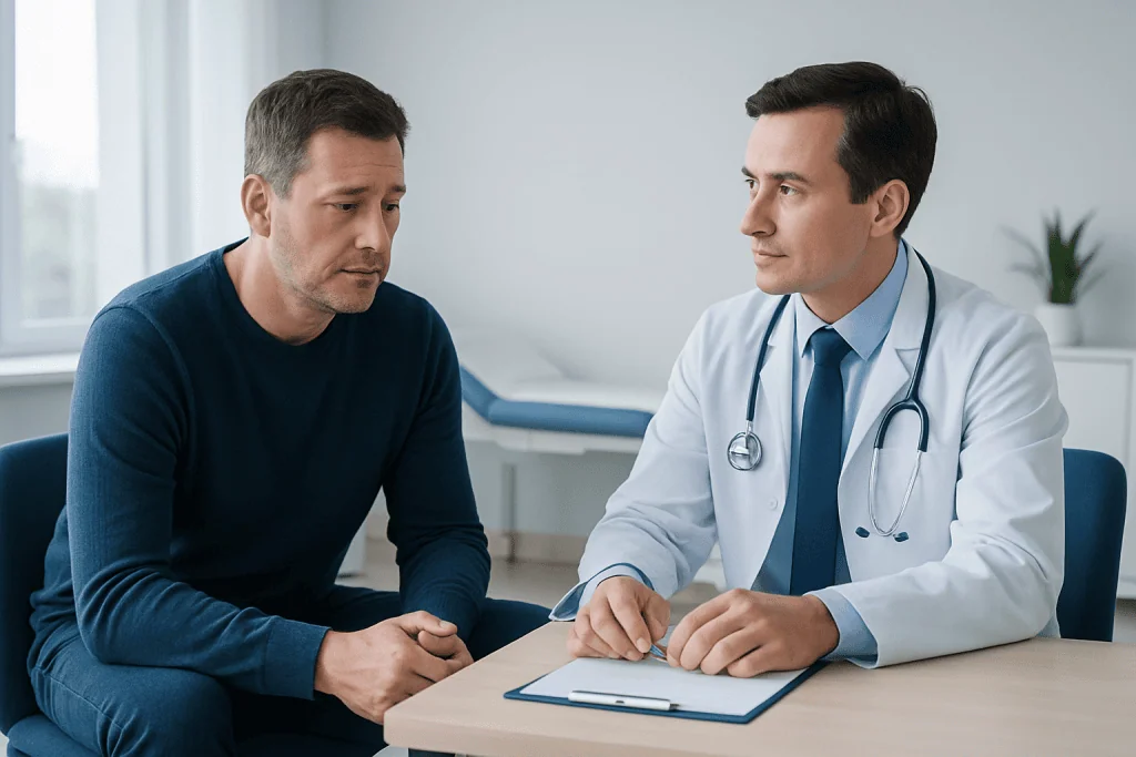 Doctor consulting with male patient in a medical office setting.