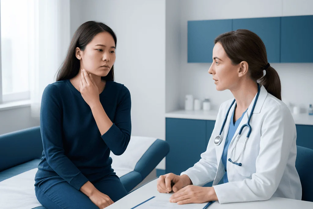 Doctor examining a woman with neck discomfort in a clinical setting.