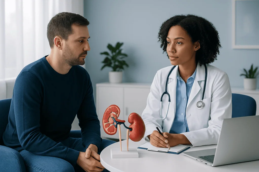 Doctor explaining hereditary kidney disease to male patient in consultation room.