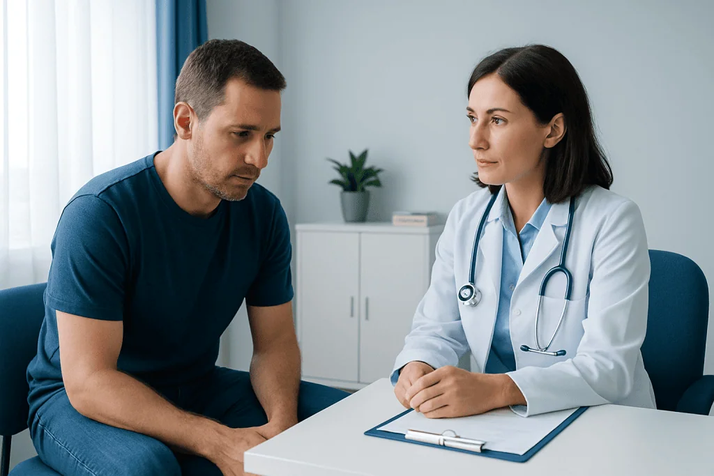 Doctor consulting male patient about urinary health in clinic.