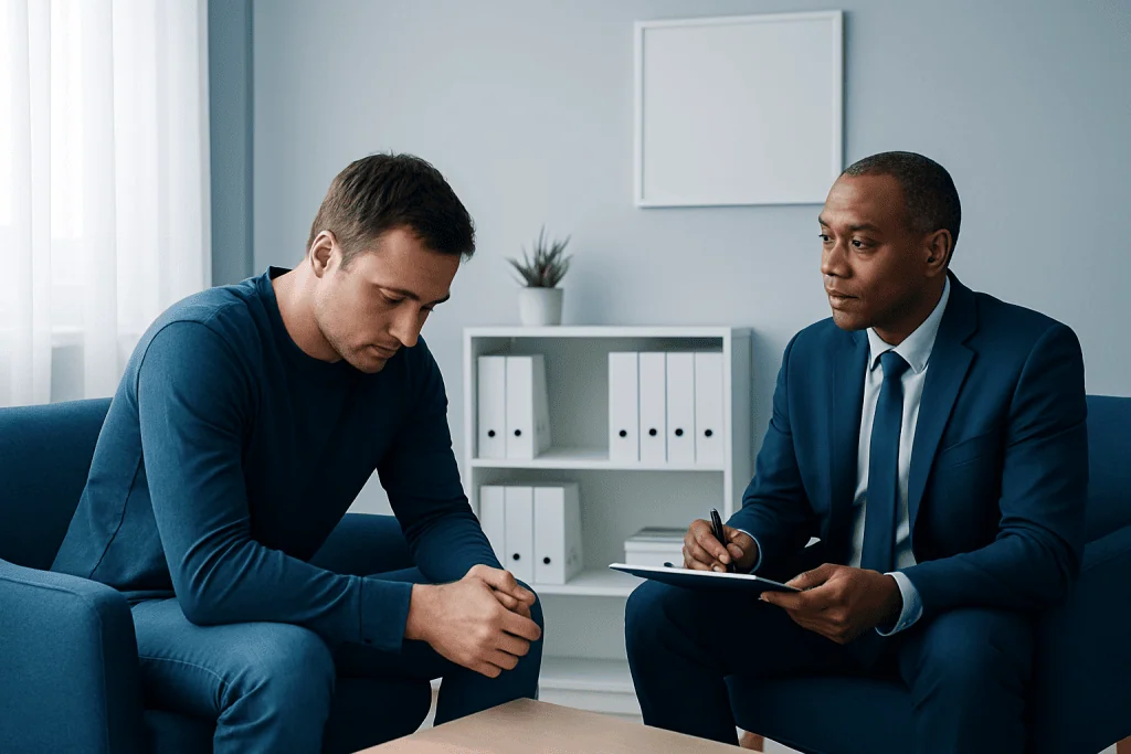 Men discussing mental health symptoms with a therapist in a clinical setting.