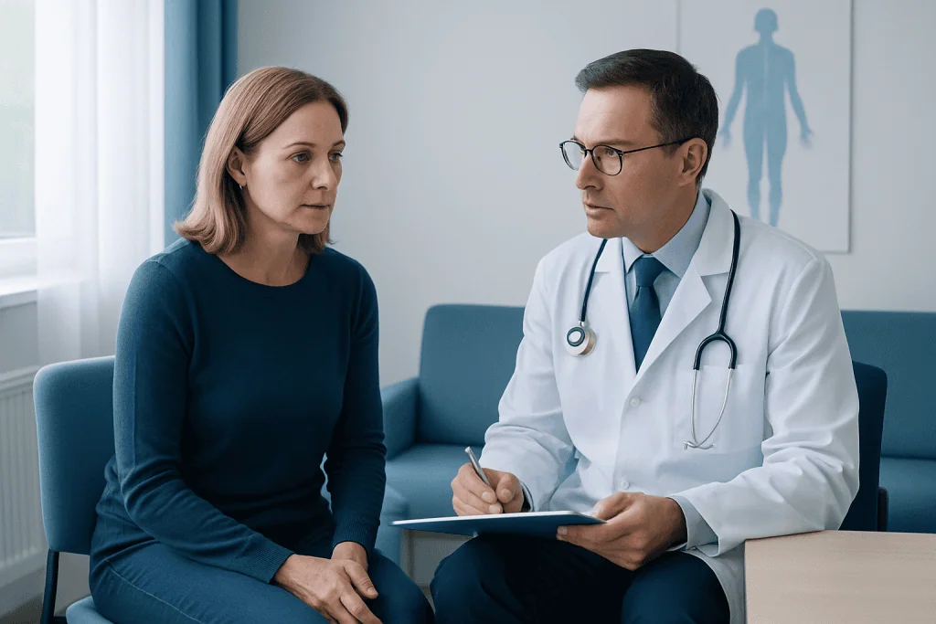 Doctor consulting with a female patient about nerve damage diagnosis.