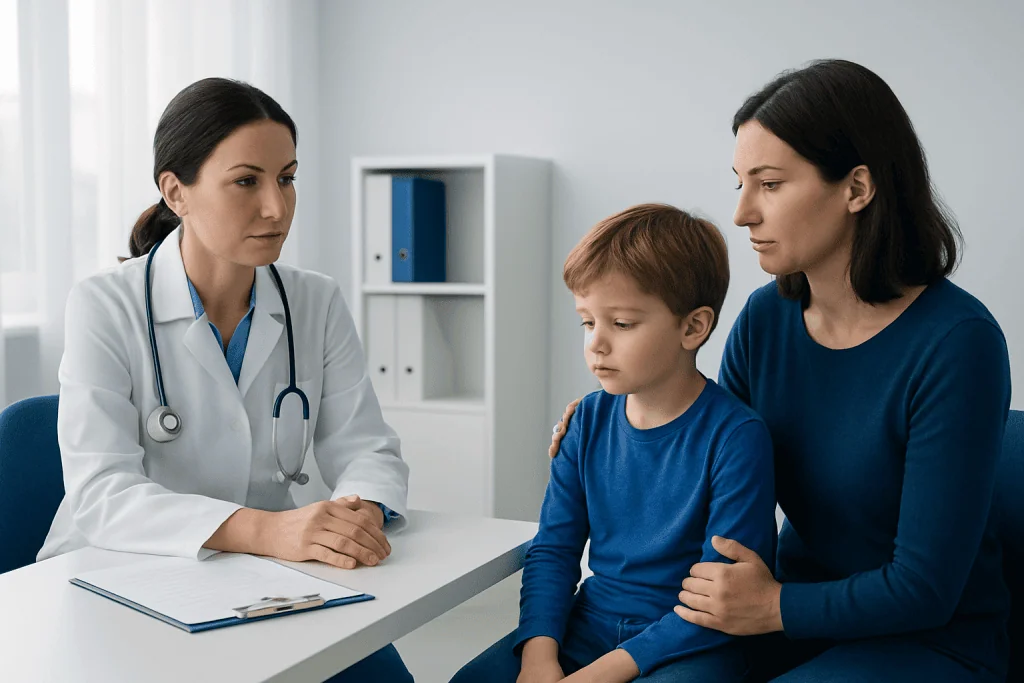 Doctor consulting with a mother and child in a medical office.