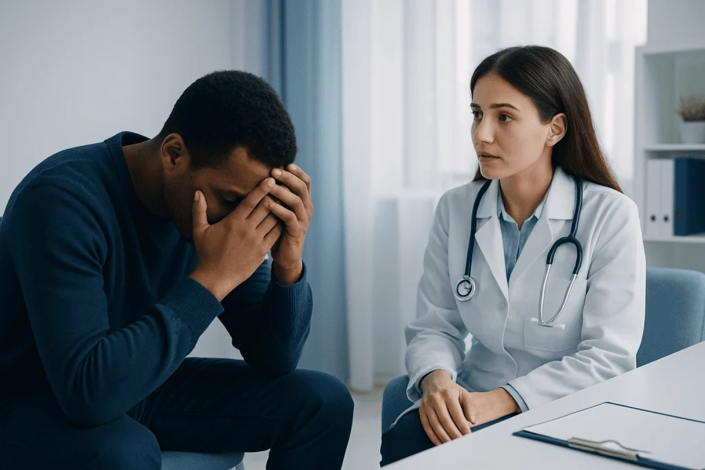 Patient distressed during consultation with doctor in a medical office.