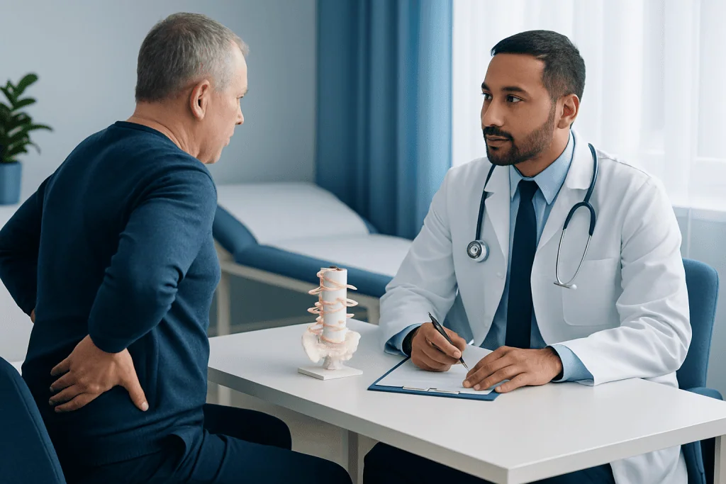Doctor consulting with patient about back pain treatment options at Acibadem Hospital.