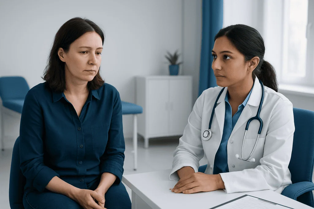 Doctor consulting with a patient about gynecological health in a clinic setting.