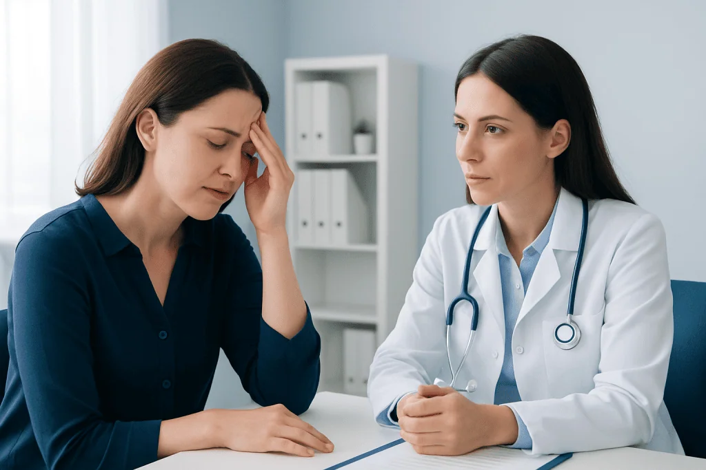 Woman experiencing headache with vision issues during medical consultation.