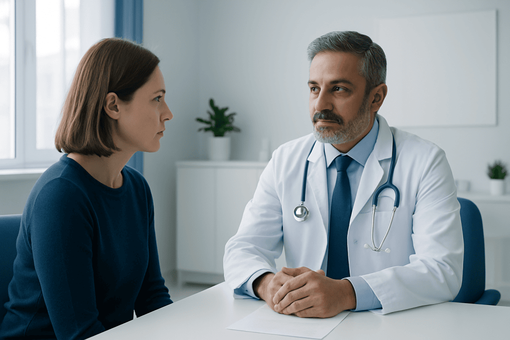 Doctor consulting with a female patient in a medical office setting.