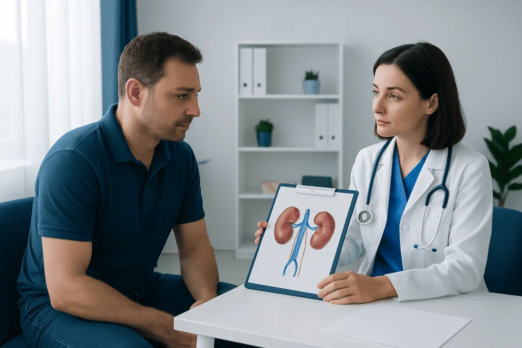 Urologist explaining kidney health to a patient with kidney diagram.